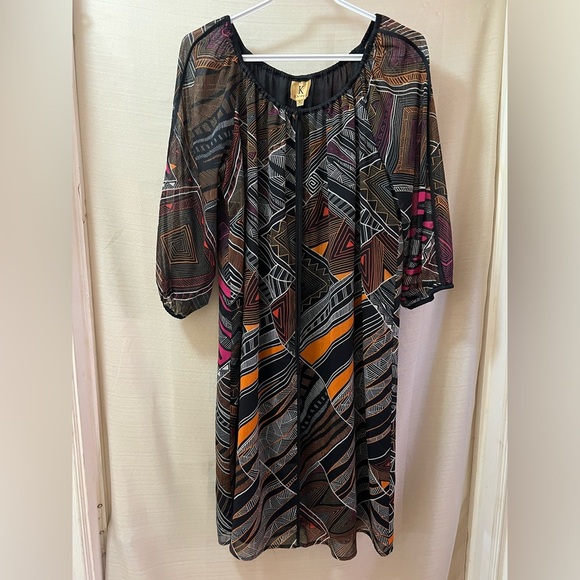 ⚪️ Kasper Geometric Black and Colored Patterned Dress Size Large 3/4 Sleeve - Picture 1 of 8